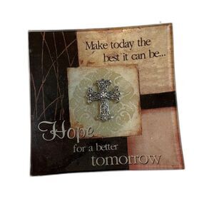 Inspirational Christian Brown Glass Plate w/ Silver Cross Religious Decor